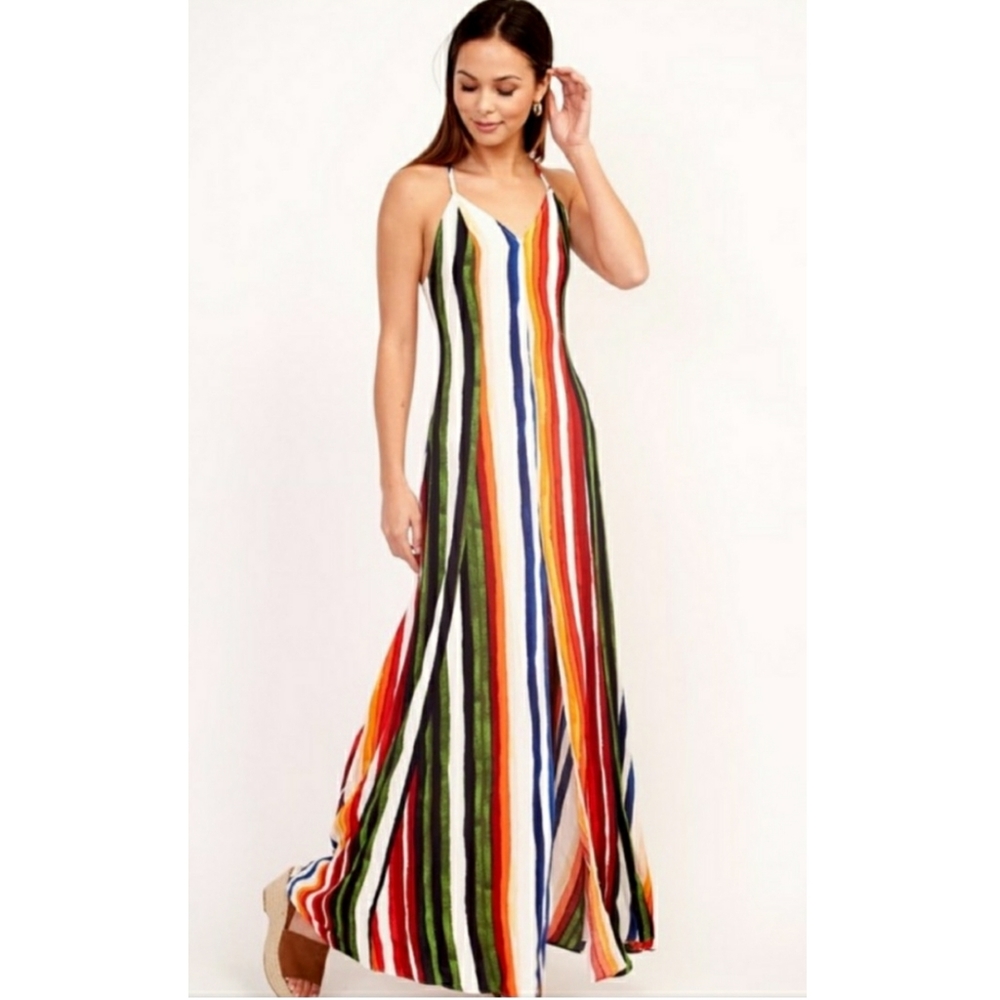 🦄NWT🦄Olivaceous Rainbow Striped Maxi Dress